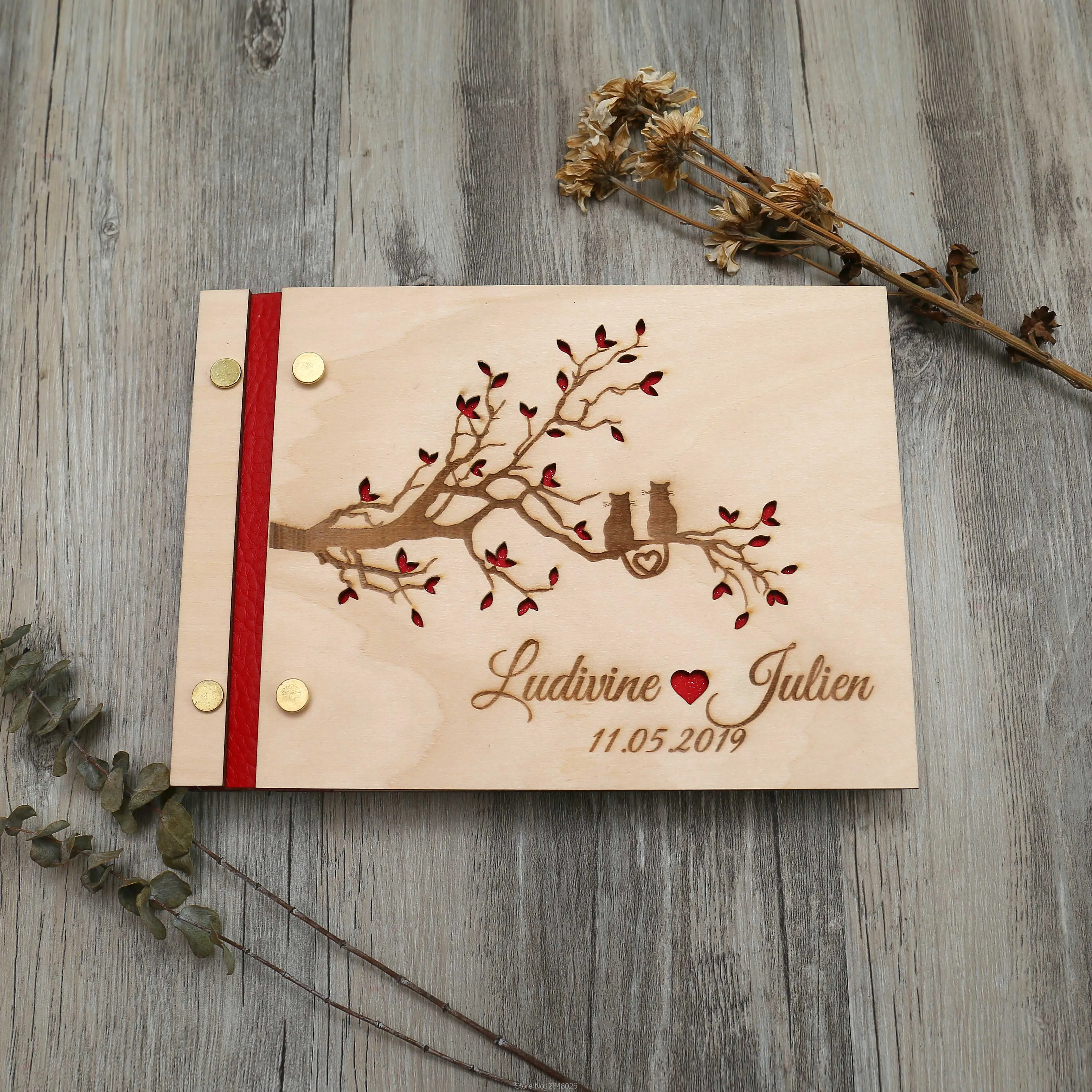 Personalized Guest Book - Rustic engraved tree with love cats